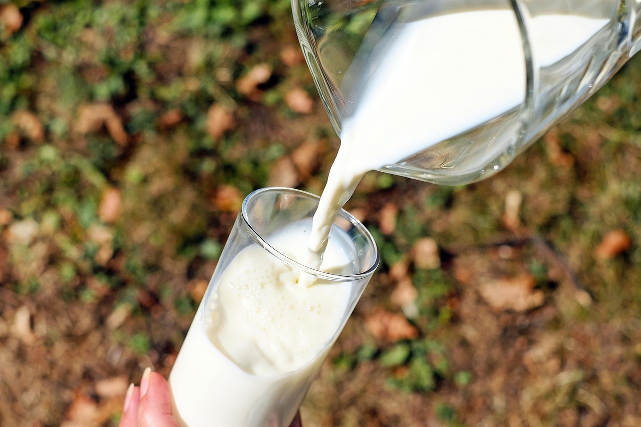 Una mano vierte leche en un vaso al aire libre, comparación con otra intolerancia alimentaria bien conocida: la lactosa