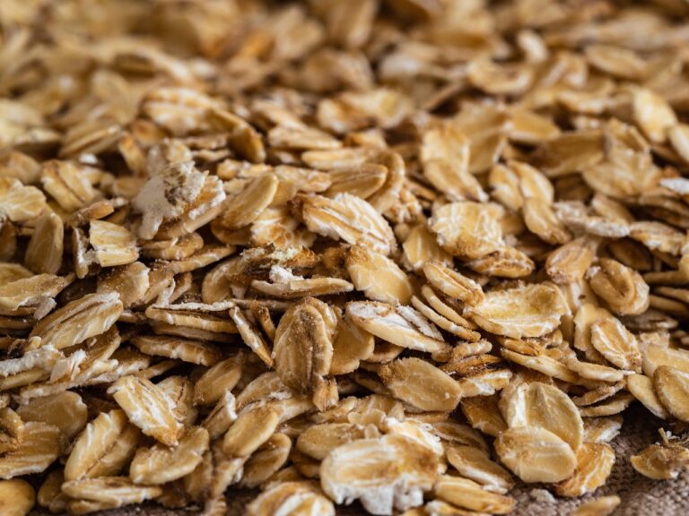 Close-up of rolled oats on a cloth sack